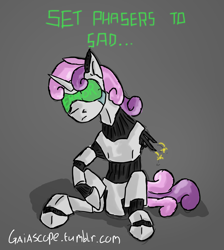 Size: 1280x1427 | Tagged: safe, artist:gaiascope, character:sweetie belle, species:pony, species:unicorn, sweetie bot, 30 minute art challenge, amputee, error, female, filly, frown, gray background, hooves, horn, robot, robot pony, sad, simple background, sitting, solo, text