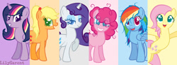 Size: 1024x381 | Tagged: safe, artist:angellight-bases, artist:lilygarent, base used, character:applejack, character:fluttershy, character:pinkie pie, character:rainbow dash, character:rarity, character:twilight sparkle, character:twilight sparkle (alicorn), species:alicorn, species:earth pony, species:pegasus, species:pony, species:unicorn, alternate hairstyle, cute, dashabetes, diapinkes, eye clipping through hair, female, flying, hooves in air, jackabetes, looking at you, mane six, mare, messy mane, open mouth, ponytail, raised hoof, raribetes, shyabetes, simple background, smiling, twiabetes
