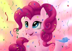 Size: 2280x1612 | Tagged: safe, artist:bluespaceling, character:pinkie pie, species:earth pony, species:pony, confetti, cute, detailed, diapinkes, female, happy, mare, party horn, solo, streamers