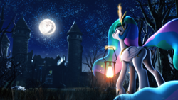 Size: 3840x2160 | Tagged: safe, artist:psfmer, character:princess celestia, species:pony, 3d, 4k, banner, butt, castle, castle of the royal pony sisters, female, grass, implied princess luna, lantern, magic, mare in the moon, moon, moonlight, plot, ruins, solo, source filmmaker, stars, wallpaper