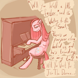 Size: 1024x1024 | Tagged: safe, artist:kvernikovskiy, character:pinkamena diane pie, character:pinkie pie, species:pony, female, mare, piano, simple background, sitting, solo, starvation, text