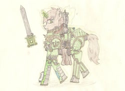 Size: 1885x1371 | Tagged: safe, artist:infinita est lux solis, oc, oc only, oc:littlepip, species:pony, species:unicorn, fallout equestria, bolt pistol, cyborg, fanfic, fanfic art, female, glowing horn, hooves, horn, iron halo, levitation, magic, mare, pipbuck, power sword, primarch, roboute guilliman, simple background, solo, space marine, story included, telekinesis, ultramarine, warhammer (game), warhammer 40k, white background