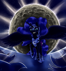 Size: 1800x1928 | Tagged: safe, artist:com3tfire, character:nightmare moon, character:princess luna, species:alicorn, species:pony, eclipse, female, mare, moon, solo, spread wings, wings