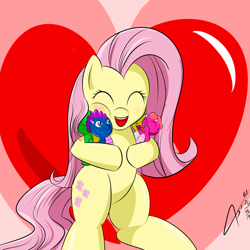 Size: 2000x2000 | Tagged: safe, artist:asajiopie01, character:fluttershy, species:dragon, episode:sweet and smoky, g4, my little pony: friendship is magic, baby, baby dragon, cute, eyes closed, heart, heart background, holding, shyabetes, signature