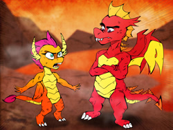 Size: 1070x810 | Tagged: safe, artist:jodi sli, character:garble, character:smolder, species:dragon, episode:sweet and smoky, g4, my little pony: friendship is magic, brother and sister, dragon lands, dragoness, female, male, scene interpretation, siblings