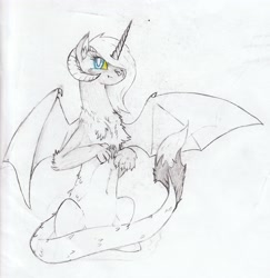 Size: 4403x4528 | Tagged: safe, artist:foxtrot3, oc, oc only, oc:night, species:draconequus, batty, danger noodle, draconequus oc, smiling, snake, traditional art, transformed
