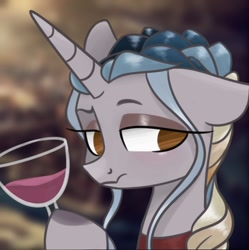 Size: 1240x1246 | Tagged: safe, artist:herfaithfulstudent, oc, oc only, oc:lannister, species:pony, species:unicorn, alcohol, collar, hoof hold, solo, wine