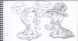 Size: 689x362 | Tagged: safe, artist:lost marbles, character:fluttershy, character:trixie, species:pegasus, species:pony, species:unicorn, newbie artist training grounds, boasting, duo, duo female, female, grayscale, hypocritical humor, mare, monochrome, pencil drawing, sitting, traditional art
