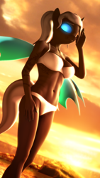 Size: 1080x1920 | Tagged: safe, artist:jacob_lhh3, oc, oc:dragonfly, species:anthro, species:changeling, species:plantigrade anthro, 3d, belly button, bikini, changeling oc, clothing, female, glowing eyes, nexgen, ponytail, solo, source filmmaker, swimsuit, tattoo, wings