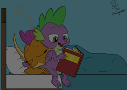 Size: 3035x2150 | Tagged: safe, artist:noidavaliable, character:smolder, character:spike, species:dragon, ship:spolder, bed, book, cute, female, hug, male, shipping, smolderbetes, spikabetes, straight, tail hug, winged spike