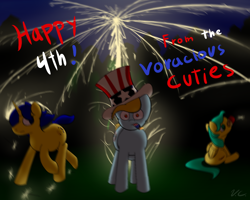 Size: 1500x1200 | Tagged: safe, artist:voraciouscutie, oc, oc:blueberry crepe, oc:dutchie mills, oc:frozen star, species:pony, 4th of july, fire, fireworks, holiday, this will end in explosions, this will end in pain, this will not end well