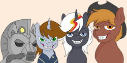 Size: 2002x1000 | Tagged: safe, artist:jellymaggot, oc, oc:calamity, oc:littlepip, oc:steelhooves, oc:velvet remedy, species:earth pony, species:pegasus, species:pony, species:unicorn, fallout equestria, armor, clothing, cowboy hat, dashite, fanfic, fanfic art, female, grin, hat, horn, male, mare, me and the boys, meme, power armor, simple background, smiling, stallion, steel ranger, vault suit