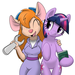 Size: 6222x6222 | Tagged: safe, artist:flutterguy317, artist:tg-0, character:twilight sparkle, species:anthro, species:pony, absurd resolution, anthro with ponies, bipedal, book, both cutie marks, chest fluff, chip and dale rescue rangers, crossover, disney, eyes closed, gadget hackwrench, hoof hold, open mouth, semi-anthro, simple background, smiling, thigh gap, transparent background, wrench