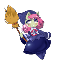 Size: 636x676 | Tagged: safe, artist:sweeteater, oc, oc only, oc:spicy flavor, species:anthro, broom, chibi, clothing, cosplay, costume, cute, female, hat, looking at you, not apple bloom, piercing, puyo puyo, simple background, solo, transparent background, witch (puyo puyo), witch costume