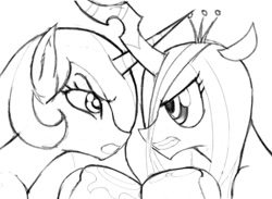 Size: 960x704 | Tagged: safe, artist:pugilismx, character:princess celestia, character:queen chrysalis, species:alicorn, species:changeling, species:pony, boxing, boxing gloves, changeling queen, eye contact, female, gritted teeth, looking at each other, mare, monochrome