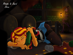 Size: 2048x1536 | Tagged: safe, artist:qzygugu, character:pinkie pie, character:sunset shimmer, my little pony:equestria girls, coin, drunk, drunker shimmer, female, glass, go home you're drunk, lantern, pirate, sailor, sleeping