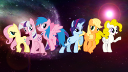 Size: 1920x1080 | Tagged: safe, artist:morningstar-1337, edit, character:applejack (g1), character:firefly, character:posey, character:sparkler (g1), character:surprise, g1, g1 six, g1 to g4, generation leap, space, wallpaper, wallpaper edit