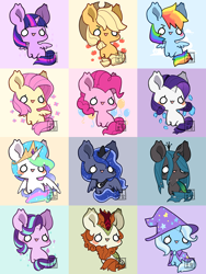 Size: 750x1000 | Tagged: safe, artist:mousu, character:applejack, character:autumn blaze, character:fluttershy, character:pinkie pie, character:princess celestia, character:princess luna, character:queen chrysalis, character:rainbow dash, character:rarity, character:starlight glimmer, character:trixie, character:twilight sparkle, character:twilight sparkle (alicorn), species:alicorn, species:changeling, species:earth pony, species:kirin, species:pegasus, species:pony, species:unicorn, :3, awwtumn blaze, blush sticker, blushing, chibi, cute, cutealis, cutelestia, cutie mark background, dashabetes, diapinkes, diatrixes, female, glimmerbetes, jackabetes, lunabetes, mane six, open mouth, raribetes, royal sisters, shyabetes, twiabetes