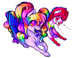 Size: 1300x1030 | Tagged: safe, artist:nijimillions, oc, oc only, oc:bloodshot, oc:cacophony, species:pegasus, species:pony, accessories, artfight, collar, color porn, crying, eyelashes, eyestrain warning, fangs, female, fisheye lens, folded wings, forked tongue, friends, friendship, full body, fullbody, grin, half body, halfbody, high angle, long eyelashes, long mane, long tail, looking at each other, male, mare, necktie, neon, pair, perspective, pigtails, rainbow, rainbow hair, red hair, red mane, saturated, sharp teeth, simple background, smiling, stallion, standing, striped hair, striped mane, teeth, transparent background, trippy, walking, wings