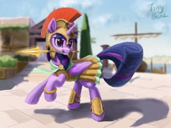 Size: 2048x1536 | Tagged: safe, artist:tinybenz, character:twilight sparkle, character:twilight sparkle (alicorn), species:alicorn, species:pony, episode:scare master, g4, my little pony: friendship is magic, armor, assassin's creed, athena sparkle, clothing, cosplay, costume, cute, female, greek helmet, helmet, mare, mouth hold, nightmare night costume, solo, spartan, spear, spear of leonidas, twiabetes, weapon