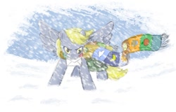 Size: 900x577 | Tagged: safe, artist:onkelscrut, character:derpy hooves, species:pegasus, species:pony, blizzard, clothing, epic derpy, female, letter, mail, mailbag, mailpony, mare, mouth hold, scarf, snow, snowfall, solo