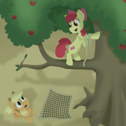 Size: 1350x1350 | Tagged: safe, artist:imaplatypus, character:apple bloom, character:applejack, species:earth pony, species:pony, episode:going to seed, g4, my little pony: friendship is magic, apple sisters, apple tree, cutie mark, duo, female, filly, net, rearing, rope, the cmc's cutie marks, tree, tree branch