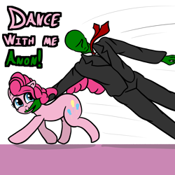 Size: 6000x6000 | Tagged: safe, artist:crimsonsky, character:pinkie pie, oc, oc:anon, species:human, species:pony, cute, diapinkes, duo, female, male, mare, mouth hold, pulling, running, title card