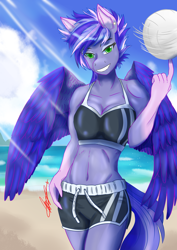 Size: 2480x3508 | Tagged: safe, artist:mantarwolf, oc, oc only, oc:rainy night, species:anthro, species:pegasus, species:pony, anthro oc, ball, beach, belly button, bikini, bikini top, clothing, commission, good trick, high res, ocean, sand, shorts, smiling, solo, spinning, sports, swimsuit, volleyball, ych result