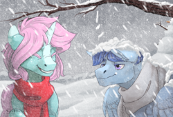Size: 1250x850 | Tagged: safe, artist:marinavermilion, artist:vermilion, oc, oc only, oc:frosty snowcone, oc:scoops, species:pegasus, species:pony, species:unicorn, blaze (coat marking), clothing, female, freckles, grumpy, horn, laughing, male, mare, markings, scarf, smiling, snow, stallion, tree branch, wings