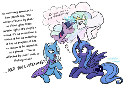 Size: 800x554 | Tagged: safe, artist:yamino, edit, character:princess celestia, character:princess luna, character:trixie, character:twilight sparkle, ship:twilestia, horns are touching, quote, s1 luna, shipping, simple background, stephen fry, vulgar