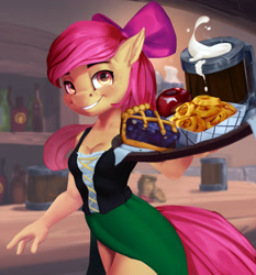 Size: 2450x2627 | Tagged: safe, artist:holymeh, character:apple bloom, species:anthro, species:earth pony, g4, bar maid, bow, breasts, busty apple bloom, cleavage, clothing, dirndl, dress, female, food, hair bow, mare, older, older apple bloom, pie, solo, tavern, waitress