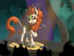 Size: 2048x1536 | Tagged: safe, artist:tinybenz, character:autumn blaze, species:kirin, episode:sounds of silence, g4, my little pony: friendship is magic, audience, awwtumn blaze, cloven hooves, cute, female, leg fluff, leonine tail, microphone, open mouth, quadrupedal, scene interpretation, solo focus, stage, stand-up comedy