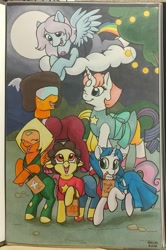 Size: 669x1006 | Tagged: safe, artist:helicityponi, character:apple bloom, character:applejack, character:rainbow dash, character:rarity, character:scootaloo, character:sweetie belle, species:earth pony, species:pegasus, species:pony, species:unicorn, amethyst (steven universe), clothing, copic, costume, cutie mark crusaders, garnet (steven universe), halloween, halloween costume, holiday, lapis lazuli (steven universe), nightmare night, pearl (steven universe), peridot (steven universe), photo, steven quartz universe, steven universe, traditional art, trick or treat