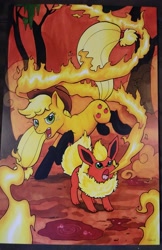 Size: 2623x4046 | Tagged: safe, artist:helicityponi, character:applejack, species:earth pony, species:pony, boots, crossover, fire, fire swamp, flareon, marker drawing, pokémon, shoes, traditional art
