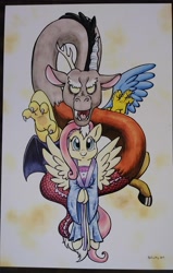 Size: 2447x3837 | Tagged: safe, artist:helicityponi, character:discord, character:fluttershy, species:draconequus, species:pegasus, species:pony, clothing, copic, kimono (clothing), photo, traditional art