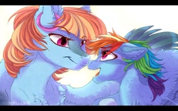Size: 900x561 | Tagged: safe, artist:castaspellliana, character:rainbow dash, character:windy whistles, species:pegasus, species:pony, chest fluff, duo, eye contact, female, filly, filly rainbow dash, freckles, looking at each other, mare, mother and daughter, simple background, white background, younger
