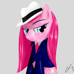 Size: 2000x2000 | Tagged: safe, artist:asajiopie01, character:pinkamena diane pie, character:pinkie pie, species:earth pony, species:pony, clothing, formal wear, hannibal lecter, hat, sitting, suit