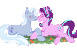 Size: 1000x619 | Tagged: safe, artist:kittycoot, character:starlight glimmer, character:trixie, species:pony, species:unicorn, ship:startrix, cheek fluff, chest fluff, eyes closed, female, fluffy, holding hooves, lesbian, mare, nuzzling, prone, shipping, simple background, smiling, transparent background
