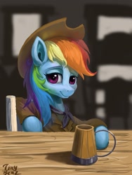 Size: 1536x2048 | Tagged: safe, artist:tinybenz, character:rainbow dash, species:pegasus, species:pony, arthur morgan, chair, clothing, cowboy hat, female, hat, looking at you, mare, mug, red dead redemption 2, saloon, signature, sitting, smiling, solo