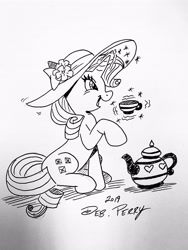 Size: 3024x4032 | Tagged: safe, artist:debmervin, character:rarity, species:pony, clothing, cup, female, hat, magic, monochrome, solo, teacup, teapot, traditional art
