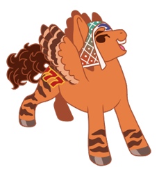 Size: 320x350 | Tagged: safe, artist:guidomista, artist:miiistaaa, artist:nijimillions, derpibooru original, species:pegasus, species:pony, 7, accessories, accessory, anime, brown, brown hair, brown mane, brunette, chibi, clothing, crossover, curls, curly hair, curly tail, cute, faec, food, grin, guido, guido mista, hat, hooves, jojo's bizarre adventure, looking back, male, markings, mista, open mouth, orange, ponified, proud, seven, simple background, smiling, solo, stallion, standing, stripes, transparent background, vento aureo, wings