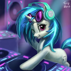 Size: 2048x2048 | Tagged: safe, artist:tinybenz, character:dj pon-3, character:vinyl scratch, species:pony, cute, female, grin, looking at you, one eye closed, signature, smiling, solo, turntable, vinylbetes, wink