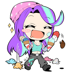 Size: 500x500 | Tagged: safe, artist:banzatou, character:starlight glimmer, species:human, my little pony:equestria girls, beanie, belly button, blush sticker, blushing, chibi, clothing, cute, cutie mark on clothes, dessert, dropped ice cream, eyes closed, female, food, glimmerbetes, hat, ice cream, ice cream cone, manga style, messy, midriff, open mouth, pants, shoes, simple background, solo, that human sure does love ice cream, transparent background