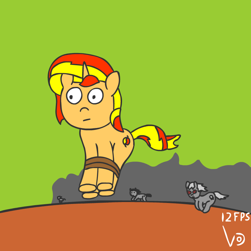 Size: 800x800 | Tagged: safe, artist:vohd, character:sunset shimmer, species:earth pony, species:pony, species:unicorn, animated, chase, crowd, cute, evil, female, frame by frame, hopping, jumping, not salmon, red eyes, running, shimmerbetes, tied up, wat
