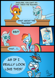 Size: 2480x3508 | Tagged: safe, artist:noidavaliable, character:ocellus, character:rainbow dash, character:smolder, episode:school daze, g4, my little pony: friendship is magic, angry, big fat meanie, desk, drawing, egghead, funny, mrs. puff, new student starfish, professor egghead, rainbow dork, silly, spongebob squarepants, this will end in tears