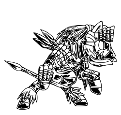 Size: 675x642 | Tagged: safe, artist:smt5015, species:zebra, black and white, dagger, grayscale, javelin, monochrome, simple background, solo, weapon, white background