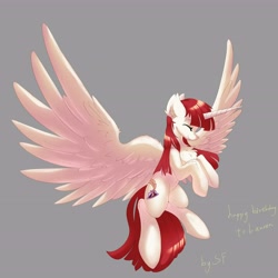 Size: 6176x6176 | Tagged: safe, artist:silver fox, oc, oc only, oc:fausticorn, species:alicorn, species:pony, alicorn oc, chest fluff, eyes closed, female, flying, gray background, happy birthday lauren faust, mare, palindrome get, simple background, smiling, solo, spread wings, wings