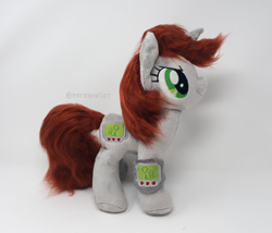 Size: 1500x1285 | Tagged: safe, artist:hipsterowlet, oc, oc only, oc:littlepip, species:pony, species:unicorn, fallout equestria, fanfic, fanfic art, female, hooves, horn, irl, mare, missing accessory, photo, pipbuck, plushie, smiling, solo