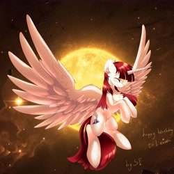 Size: 6176x6176 | Tagged: safe, artist:silver fox, oc, oc only, oc:fausticorn, species:alicorn, species:pony, eyes closed, female, flying, happy birthday lauren faust, laughing, mare, solo, space, sun