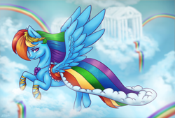 Size: 1800x1215 | Tagged: safe, artist:eternalsubscriber, character:rainbow dash, species:pegasus, species:pony, episode:the best night ever, g4, my little pony: friendship is magic, clothing, cloud, cloudsdale, cute, dashabetes, dress, female, flying, gala dress, rainbow, rainbow dash always dresses in style, solo